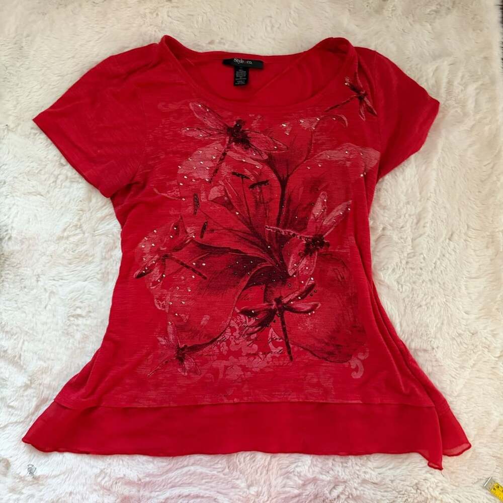 Style & Co Red Dragonfly Rhinestone Graphic Tee Top Size M